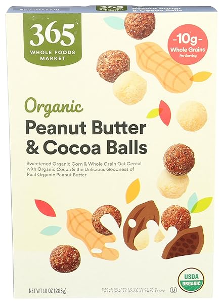 365 BY WHOLE FOODS MARKET, ORGANIC PEANUT BUTTER & COCOA BALLS CEREAL, 10 OUNCE