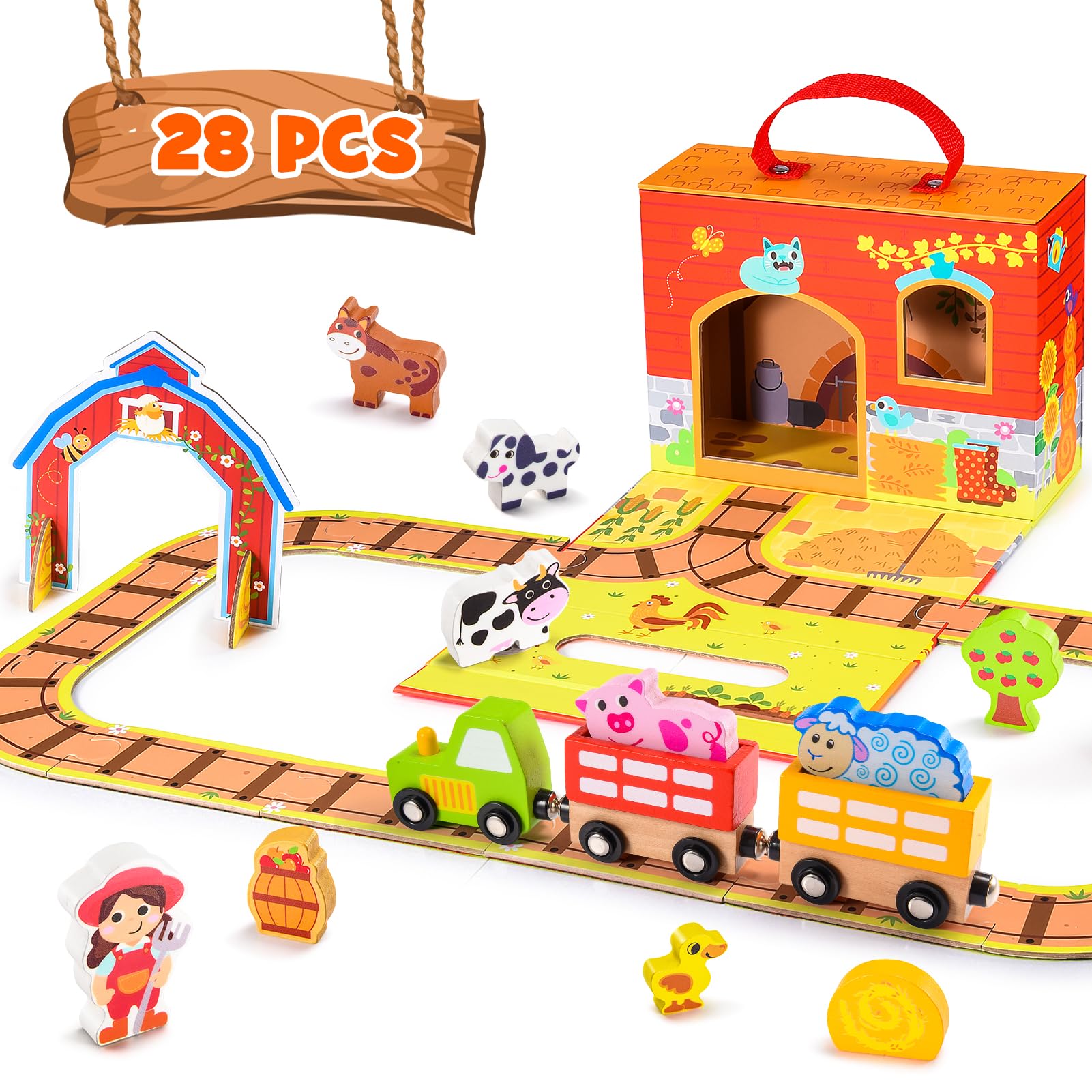 28PCS Farm Animals Learning Toys for Kids 2 in 1 Little People Farm Play Toy for 3 4 5 6 Year