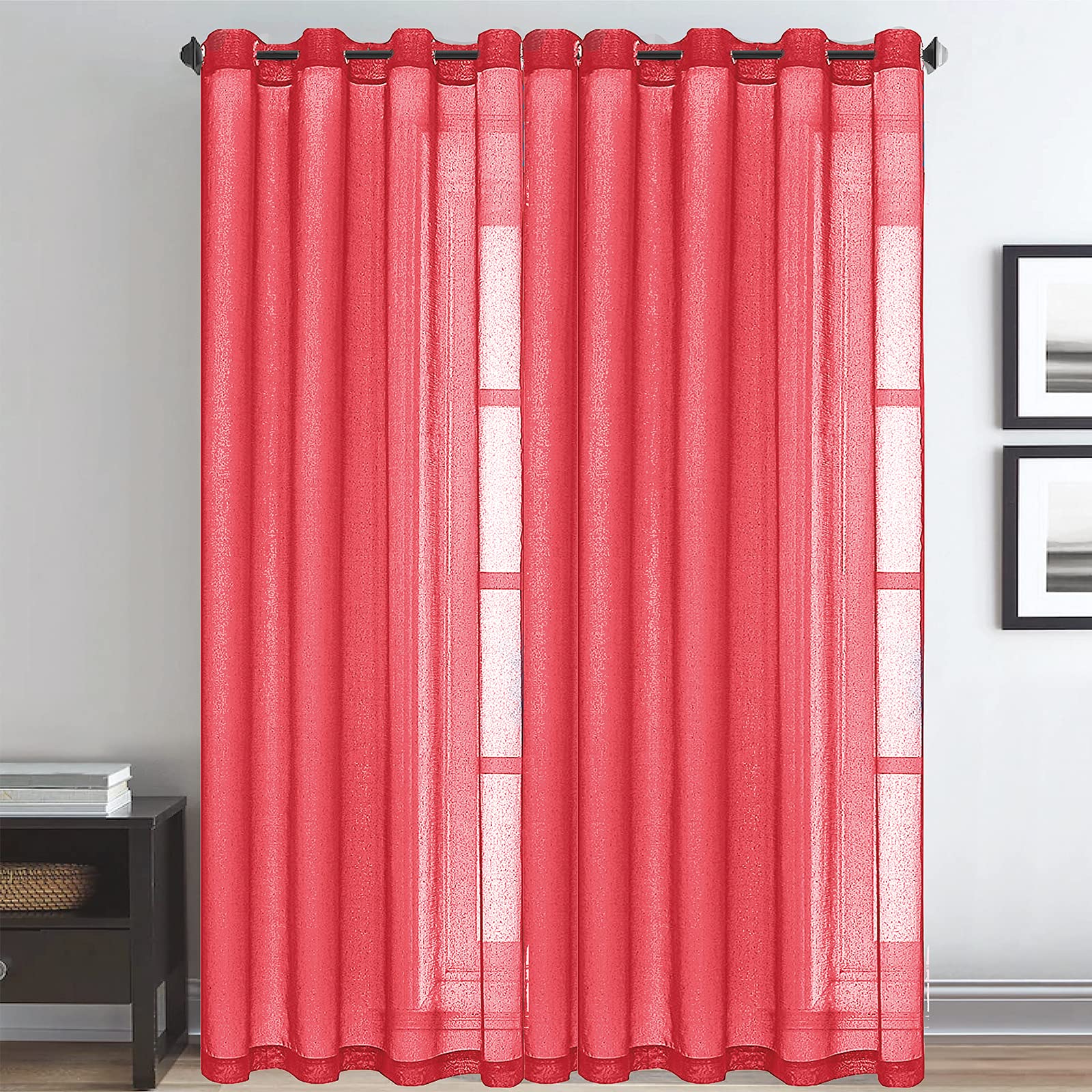 JJA Window Curtains, Sheer Linen Look Voile Curtain Eyelet, Top Eyelet Ring, Modern Window Treatments, for Living Room Décor, Bedroom, Kitchen & Office, Polyester made (Red, 53 x 54 Inches)