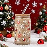Christmas Cup, 16oz Clear Glass Cups with Lids and Straws, Cute Cups for Women, Snowflake Design, Reusable Drinking Cup with Bamboo Lids, Santa Christmas Gifts for Men, Women and Friends