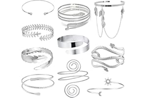 EIELO 10Pcs Arm Cuff Bracelets for Women Upper Arm Bands Snake Feather Armband Greek Goddess Filigree Swirl Boho Armlet Cuff Bangle Adjustable Gold/Silver Arm Bracelet Set