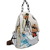 HUANGGUOSHU Women Cotton Woven Bohemian Hemp Boho Canvas Embroidery Multi Pocket Retro Cute Backpack Wallet Backpack（Maiden）