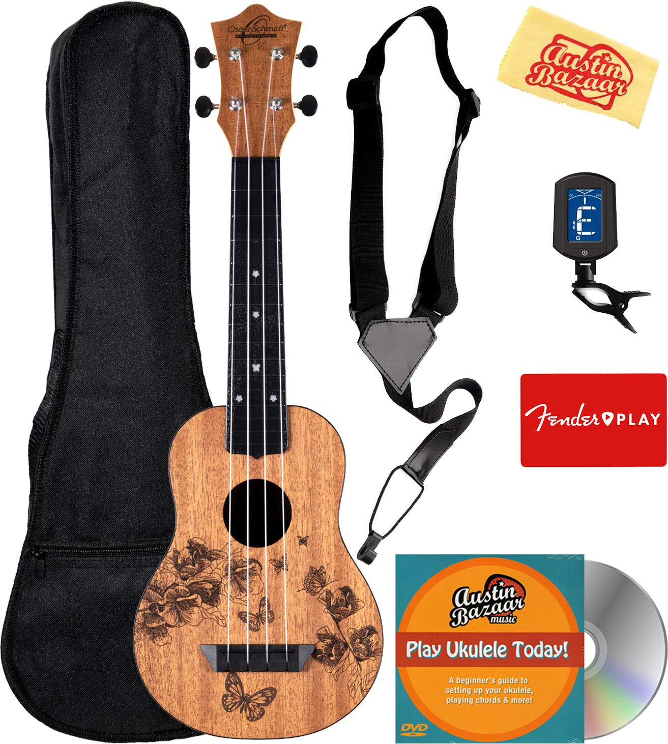 Oscar Schmidt OUN Soprano Ukulele Bundle with Gig Bag, Clip-on Tuner, Aquila Strings, Strap, Instructional DVD, Fender Play Trial, and Austin Bazaar Polishing Cloth - Natural w/Butterfly Top Design