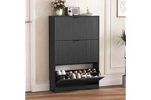 HUANLEGO Shoe Cabinet Storage for Entryway with 3 Flip Drawers, Black Fluted Shoe Cabinet with Adjustable Shelves, Wooden Hidden Shoe Rack Freestanding Narrow Slim Shoes Storage for Hallway, Entrance