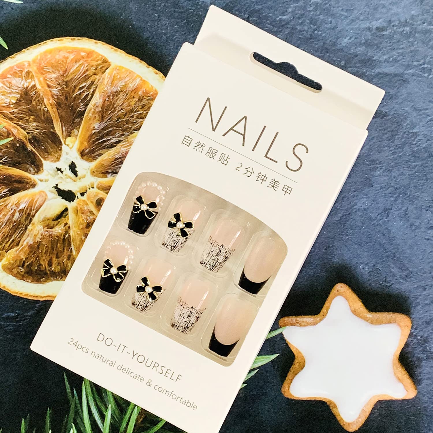 24Pcs Artificial Acrylic Fake Nails With Black Pearl Bow Designs - Full Cover Reusable Coffin Shape Press On Nails - Medium Length, Women's Glue On Stick On Nails For Nail Art - Image 6