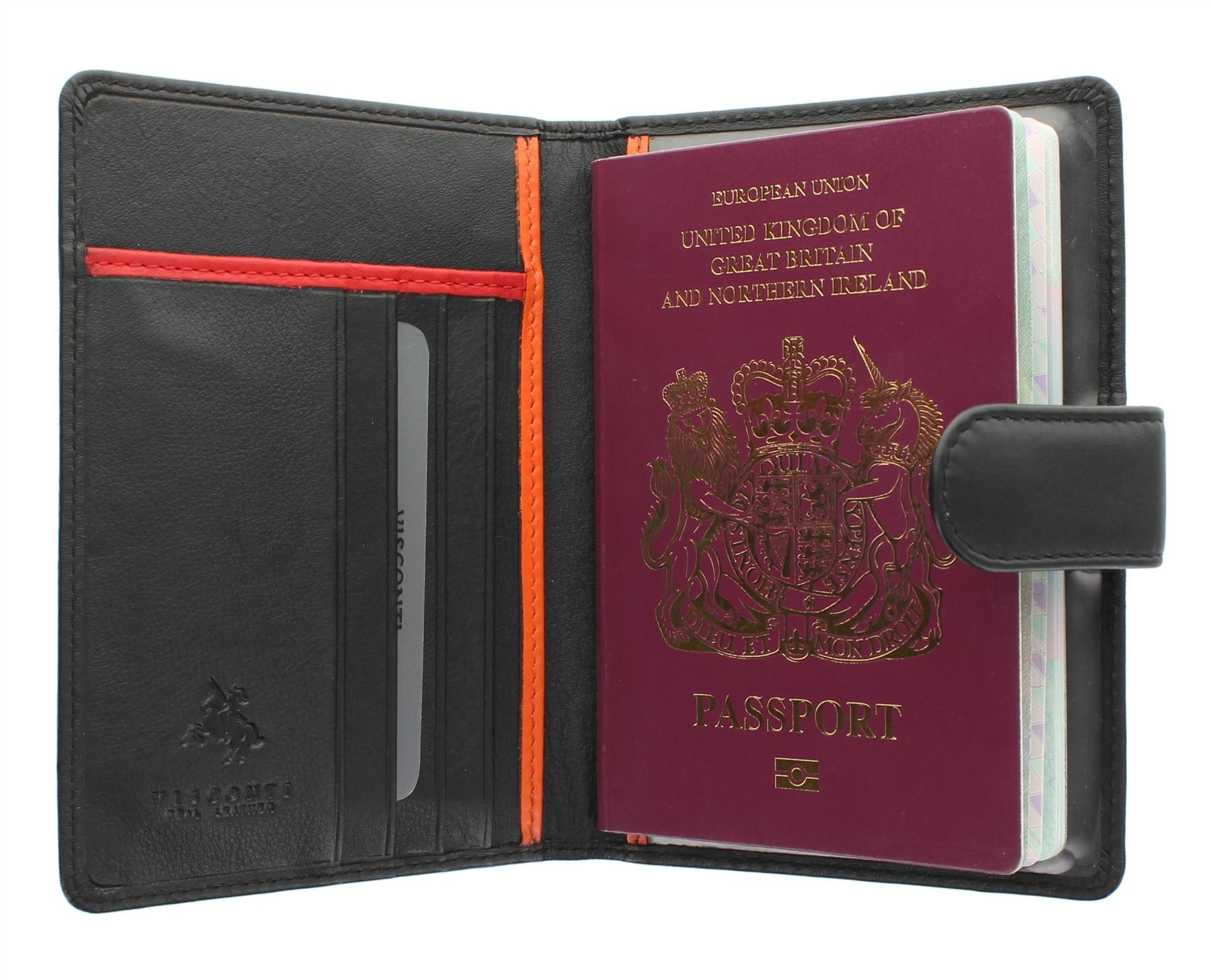VISCONTI Bond Collection ODDJOB Leather Passport Holder with Tab Closure RFID Blocking BD15 Black/Orange/Red