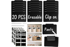 DECOMOMO Labels for Storage Bins – 20 Clip on Chalkboard Labels & 32 Removable Sticker Labels with White Chalk Marker