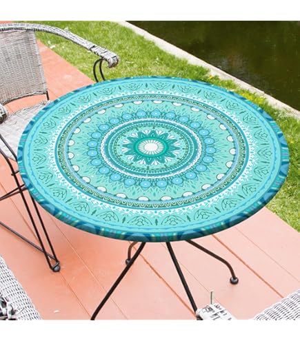 Yaofuren Beach Pattern Fitted Round Tablecloth - Elastic Edge For 36" To 44" Tables, Wipeable Polyester