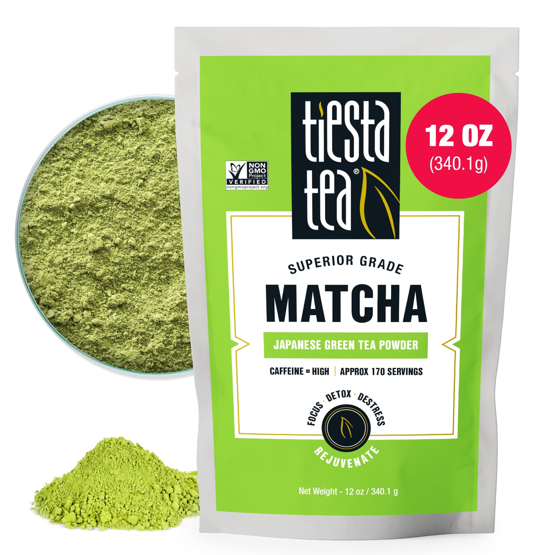 Tiesta Tea Superior Green Tea Powder – Japanese Matcha Tea Powder, High Caffeine, L-Theanine, Antioxidants, Detox, Boost Metabolism, Energy Booster, Hot & Iced – 170 Cups – 12oz Bag