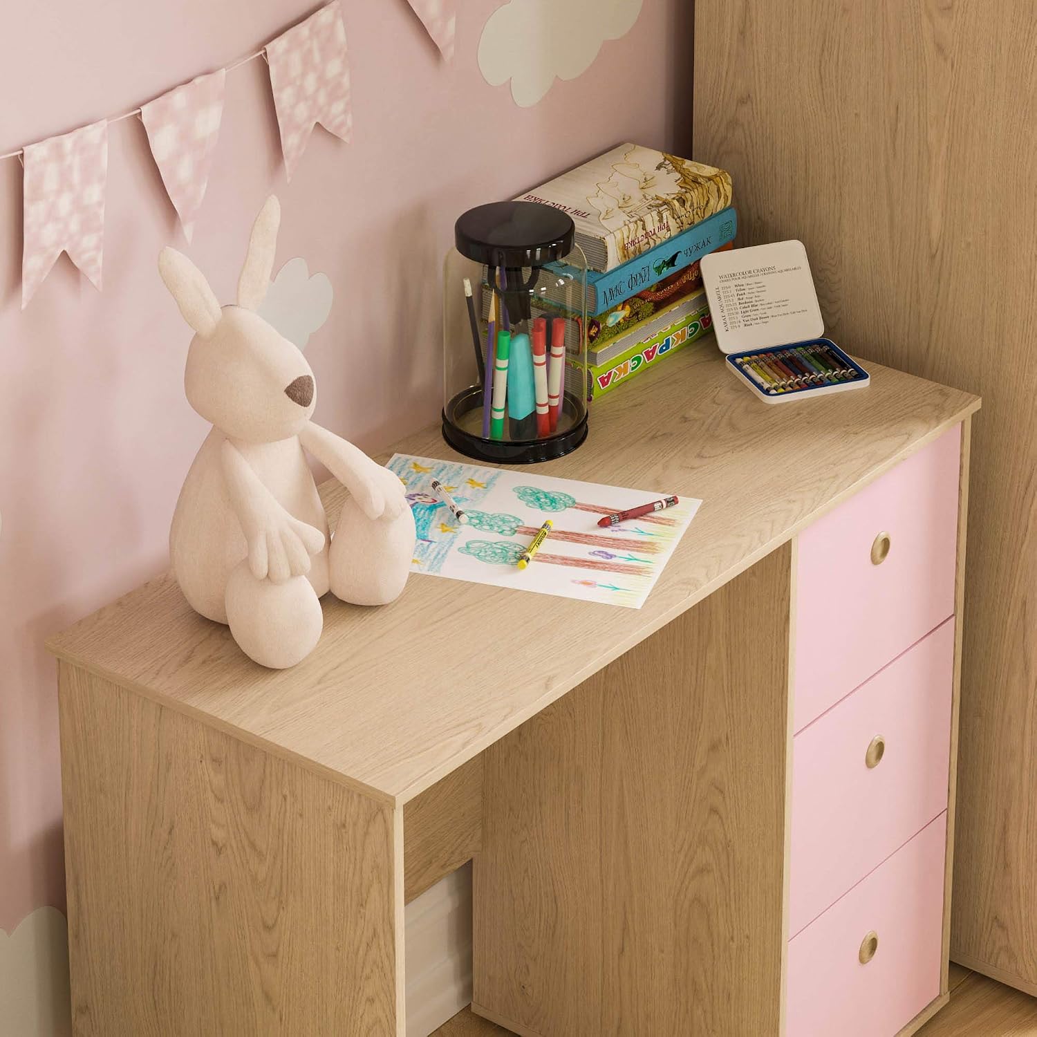 Junior Vida Neptune 3 Drawer Desk Computer Dressing Table PC/Laptop Home Study Workstation Children Kids Furniture (Pink & Oak) - Image 4