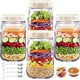 JUNLIN 4 Pack Glass Salad Jars, 32oz Meal Prep Salad Jar with 4 Forks, Leakproof Salad Container with Separate Wet/Dry Dressing Cups for Home, Office and Outdoor