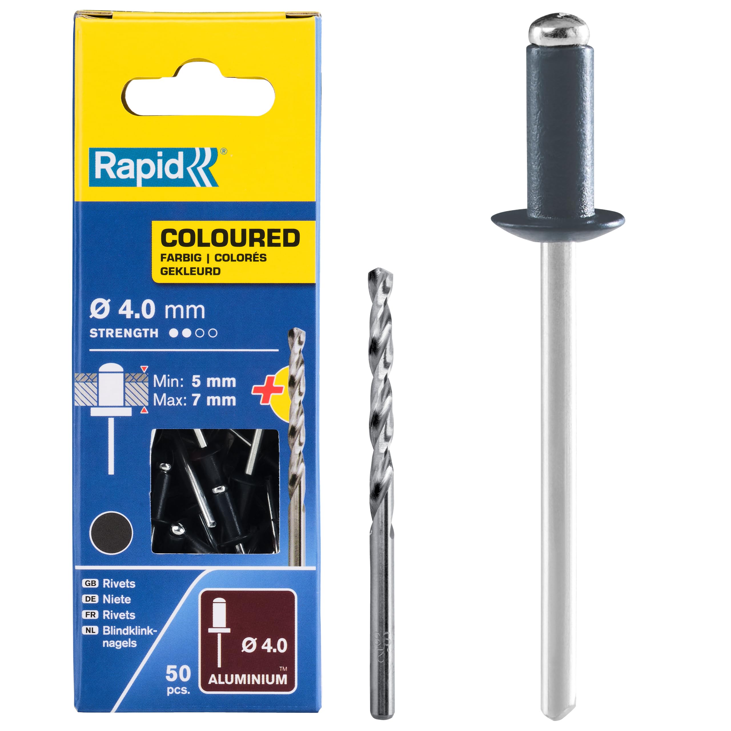 Rapid High Performance Anthracite Grey Aluminium Rivets, Ø4 x 10 mm - 4mm Rivets for Gutters, Piping, and Sheet Metal - Includes Drill - 50 Pieces, Carton Boxed (5001465)