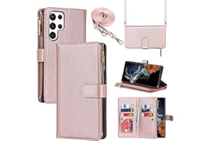 Jaorty Phone Case for Samsung Galaxy S22 Ultra 5G Wallet Case for Women with Card Holder,[9 Card Slots] Crossbody Necklace La