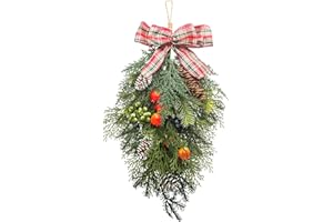 Teardrop Swag Christmas Artificial,ilauke 21inch Christmas Wreath for Front Door,Christmas Wall Decor Hanging Pine Needle Artificial Teardrop Swag Red Berry Greenery for Door Mantle Fireplace Decor