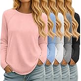 Velvelhall 5 Pack Women's Long Sleeve T-Shirts Crew Neck Raglan Loose Fit Casual Shirts Side Split Curved Hem Tunic Tops