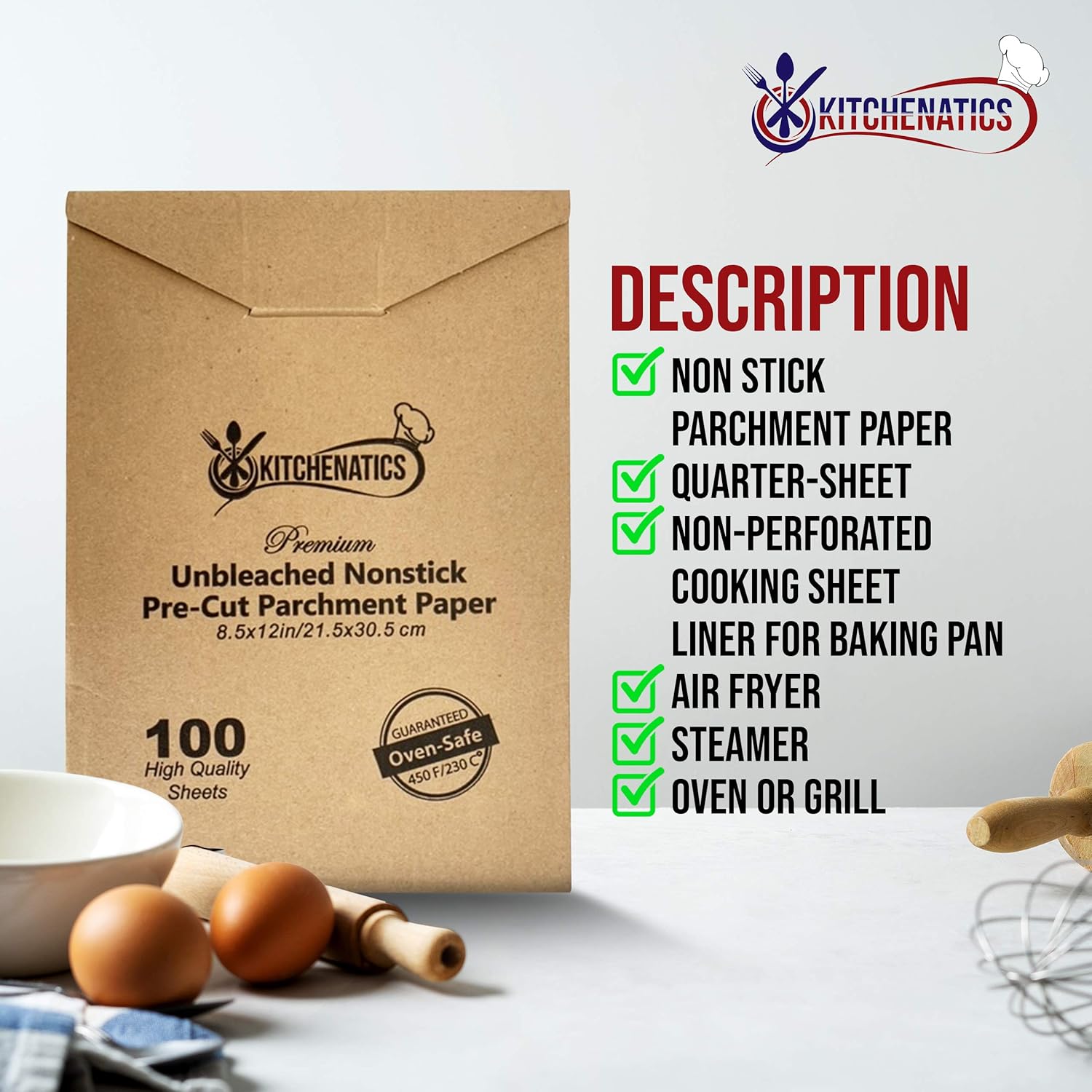 KITCHENATICS Small Baking Pan & Cooling Rack with 100 Sheets of Pre-Cut Parchment Paper, Quarter Size Aluminum Baking Pan & Stainless Steel Rack Set, Set for Oven & Grill, Non-Toxic, 9.6" x 13" x 1": Kitchen & Dining