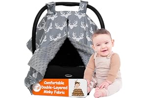 Dear Baby Gear - 40x30 Car Seat Canopy, Infant Carrier Cover for Boys & Girls, Cozy Fall, Nursing & Stroller Use, Newborn Travel Sunshade Accessory White Antlers on Gray, Gray Reverse