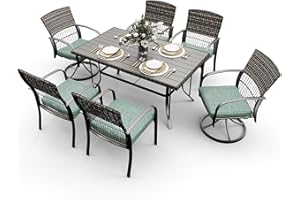 Pamapic 7 Piece Patio Dining Set for 6,Wicker Outdoor Furniture Set for Backyard Garden Deck Poolside with Iron Slats Table Top,4 Dining Chairs and 2 Swivel Rockers,Removable Cushions(Green)