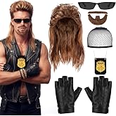 Glitopper 6 Pcs Halloween Bounty Hunter Costume Adult Men Accessories | Mullet Wig with Hairnet, Police Badge, Sunglasses, Fingerless Leather Gloves, Fake Beard, 80s Themed Party Outfit Cosplay