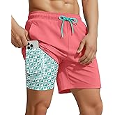 Yufawow 7 Inch Men Swim Trunks with Compression Liner Quick Dry Drawstring Male Swimtrunks for Beach Summer Water Park