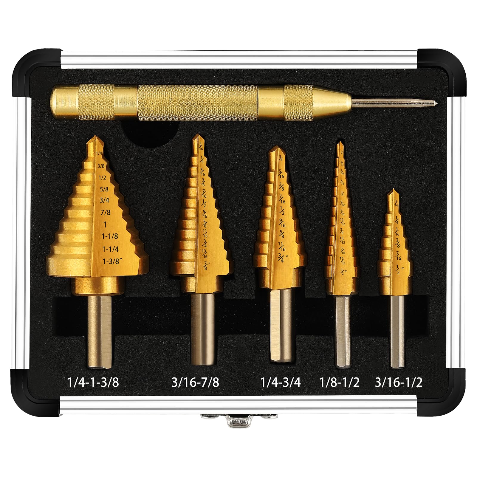 Photo 1 of COMOWARE Step Drill Bit Set 5-Piece Titanium-Coated with Automatic Center Punch - Short Length, Double Cutting Blades, High-Speed Steel - Covering 50 Sizes, Complete with Aluminum Case