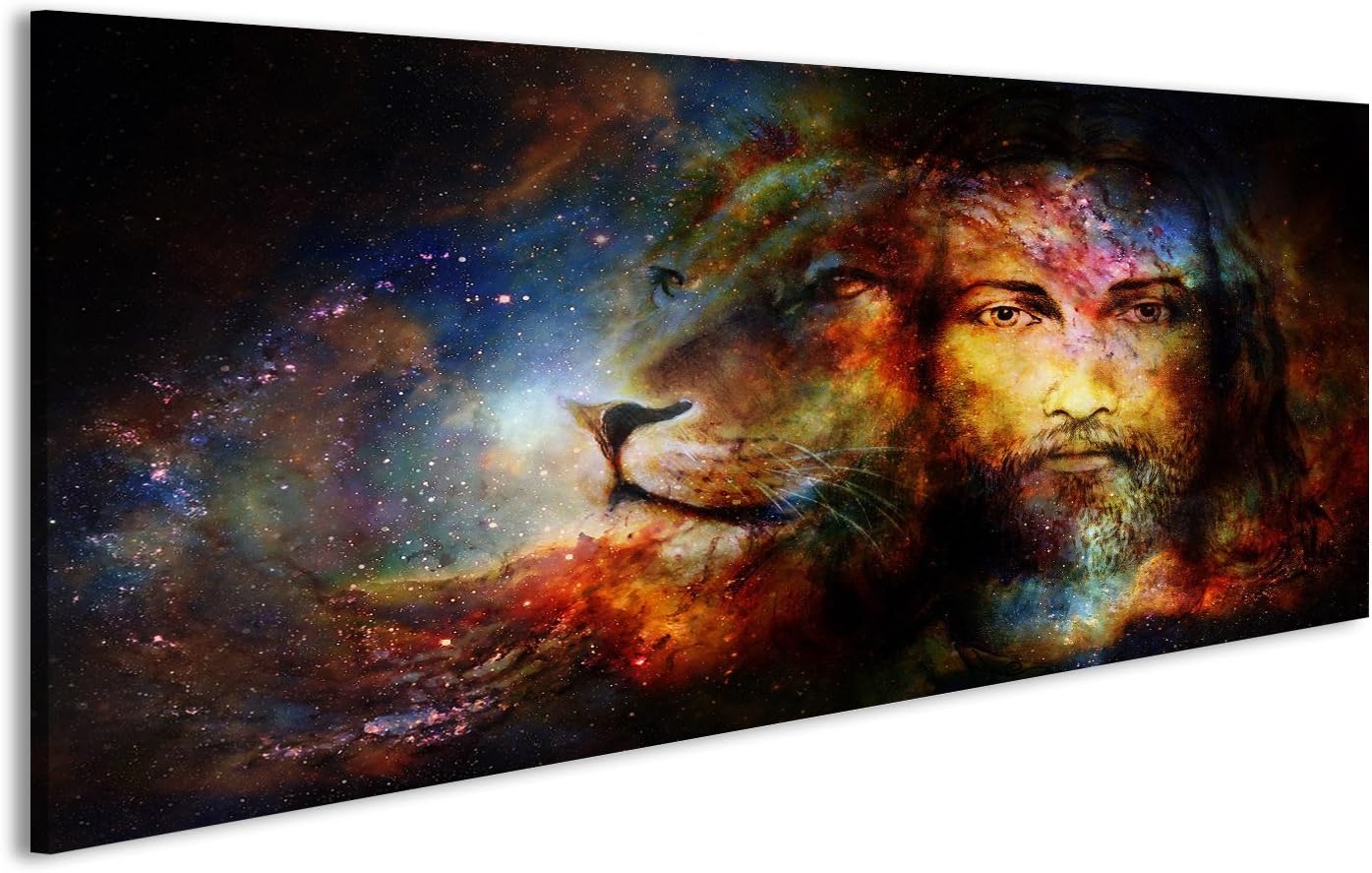islandburner Canvas Art Print painting of Jesus with a lion in cosimc space, eye contact and lion profile portrai, Print