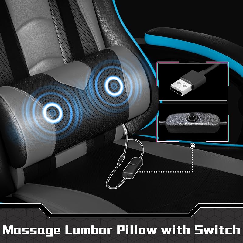 Cadeira gaming com massageador cadeira de escritório com apoio para os pés cinzento