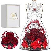 Tiaronics Mothers Day Rose Gifts for Women, Large Angel Figurines with Real Roses, Preserved Real Flower Rose for Her - Wine Red