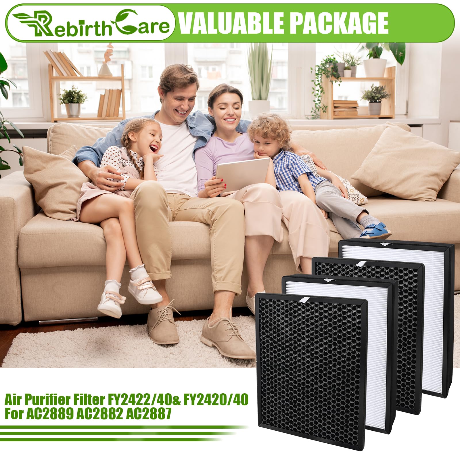 2 Pack HEPA Filter FY2422/30 and 2 Pack Filter FY2420/30 Alternative Replacement for Philips AC2889,AC2887,AC2882,AC3829 Air Purifier Filters