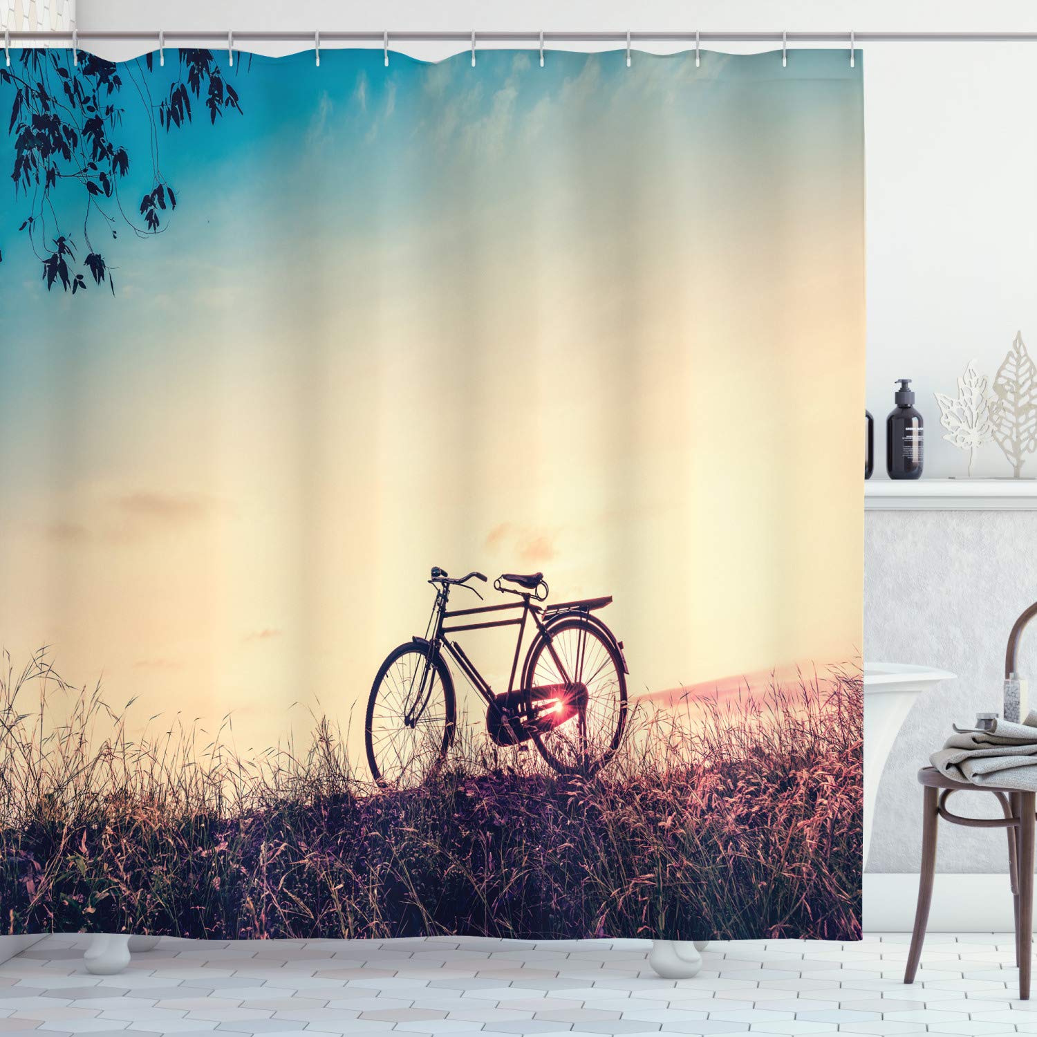 ABAKUHAUS Vintage Bike Shower Curtain, Retro Filter Sunset and Bicycle in Pastel Tones Hipster Joyful, Cloth Fabric Bathroom Decor Set with Hooks, 94 Inches, Pale Blue Black Peach