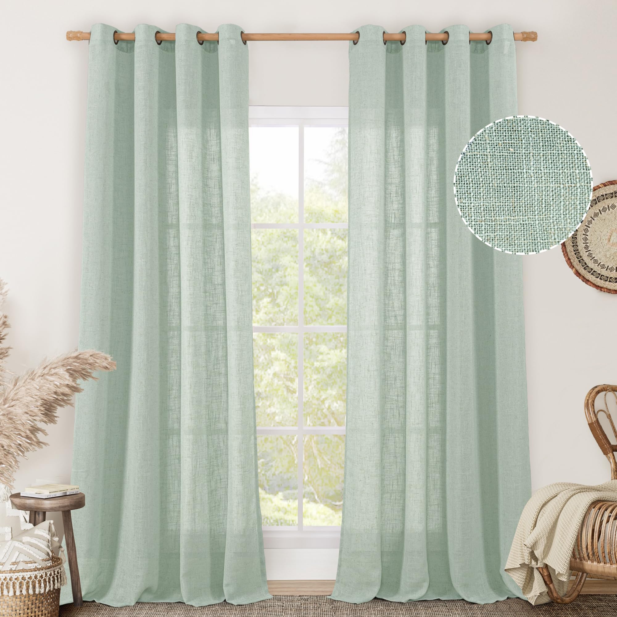 Photo 1 of LAMIT Linen Curtains 108 Inches Long for Living Room, Bronze Grommet Linen Textured Sheer Curtains Light Filtering Curtains for Boho Farmhouse, 2 Panels, 52 x 108 Inch, Light Sage