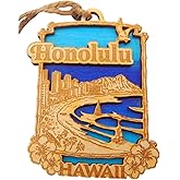 Honolulu Hawaii Ornament Wooden Hawaiian Christmas Tree Decoration with Waikiki Beach Design Handmade in The USA