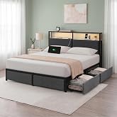 Zinus Michael Upholstered Platform Bed Frame, Four Underbed Drawers, Full | Space-Saving Two-Tier Headboard Storage, Mood Setting RGB LED Lights, Built-in USB Charging Station, Ambient Night Light