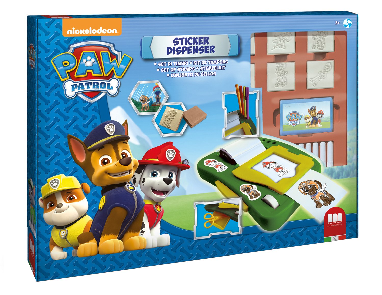 Multiprint Stickers Machine Paw Patrol Boy, Made in Italy, 7 Stamps, Album with Pens, Stamps for Children, in Wood and Natural Rubber, Non-toxic Washable Ink, Gift Idea, art.08903