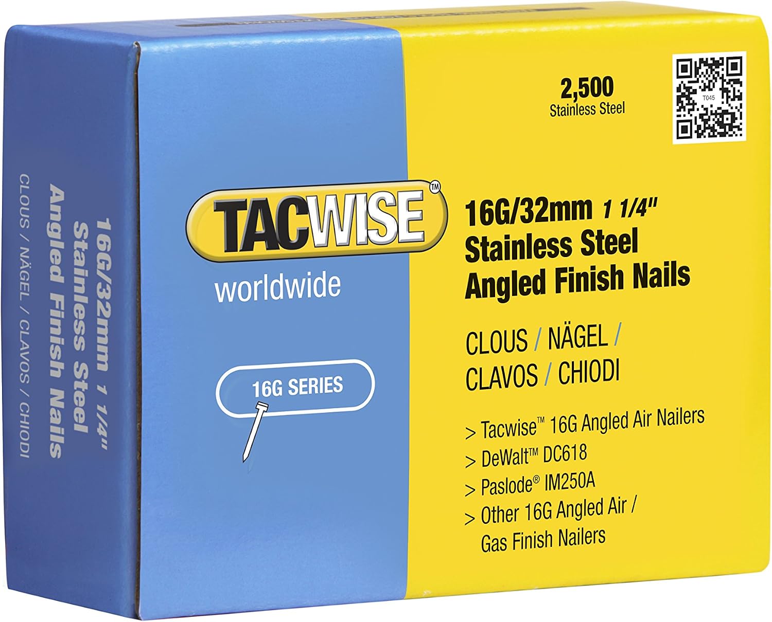 TACWISE 1222 Type 16G / 32 mm Stainless Steel Angled Finish Nails, 20° Inclined, Pack of 2500, 2500 Count (Pack of 1)