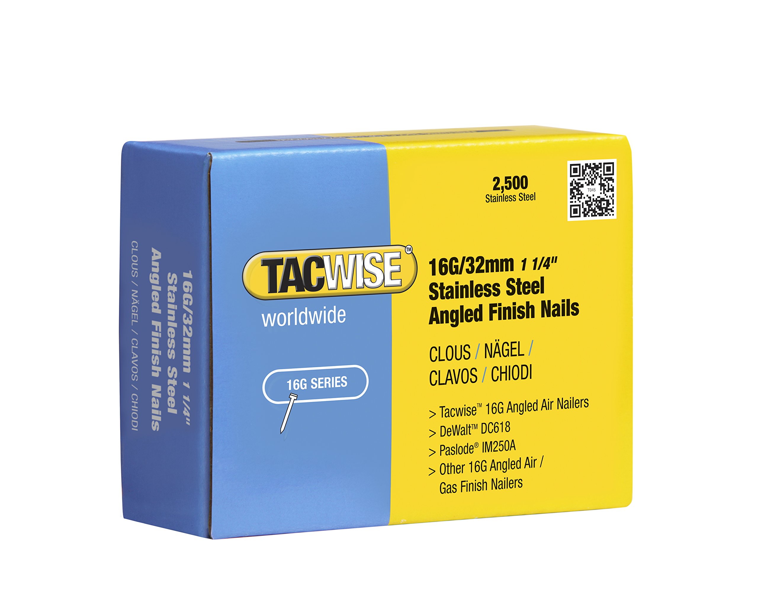 TACWISE 1222 Type 16G / 32 mm Stainless Steel Angled Finish Nails, 20° Inclined, Pack of 2500