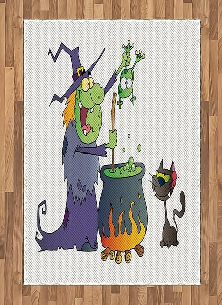 Lunarable - Alfombra para Zona de Bruja con Cara Verde y Gato Negro con