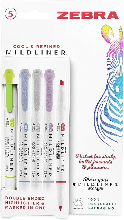 Zebra Pen MILDLINER Dual Tip Highlighters 5 Pack Pastel Broad Fine Tips
