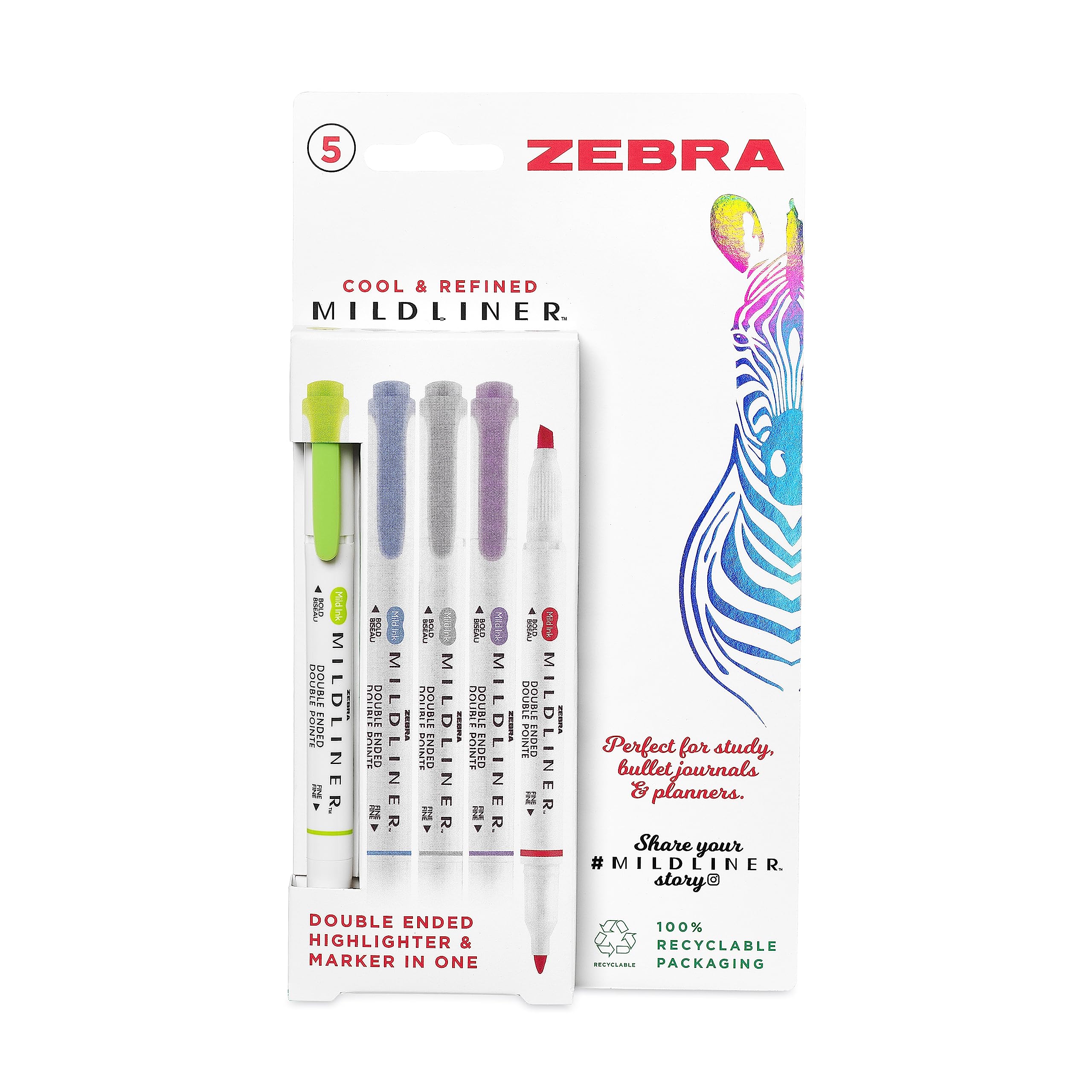 Zebra Pen MILDLINER Dual Tip Highlighter Pens, Pastel Highlighters For Adults, Broad & Fine Tip Markers & Highlighters, Double Ended Pens, 5 Pk - Cool & Refined Colours