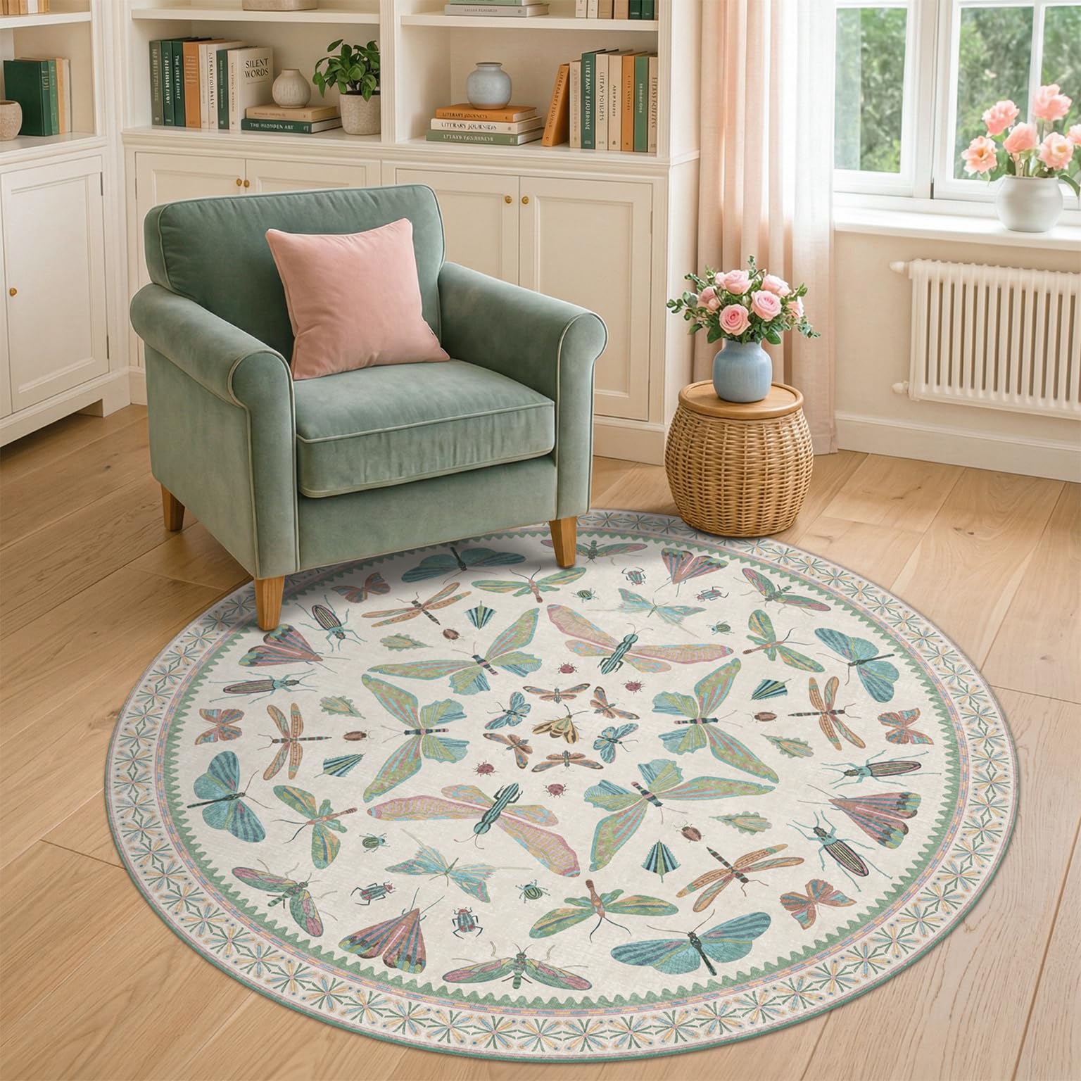 Insect Light Green 5ft Round Area Rug for Living Room - Washable Floral Fun Kids Rugs for Bedroom, Playroom, Boho & Butterfly Design - Low Pile Soft Circle Carpet Image