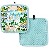 Kate Spade New York Spring Garden Pot Holder 2-Pack Set, Heat Resistant, 100% Cotton with Printed Non-Slip Silicone Grip, Blue/Green/Beige, 8" Square