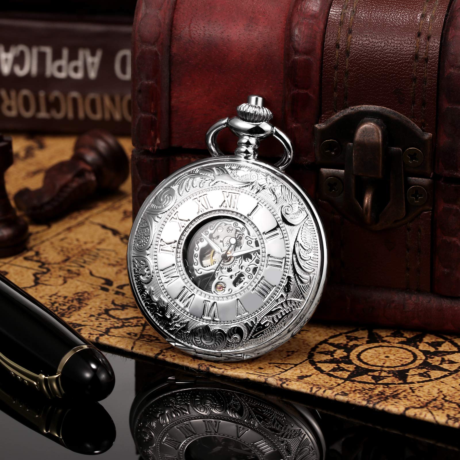 Men's Mechanical Skeleton Pocket Watch for Mens Women Blue Roman Numerals Dial Double Case Pocket Watches