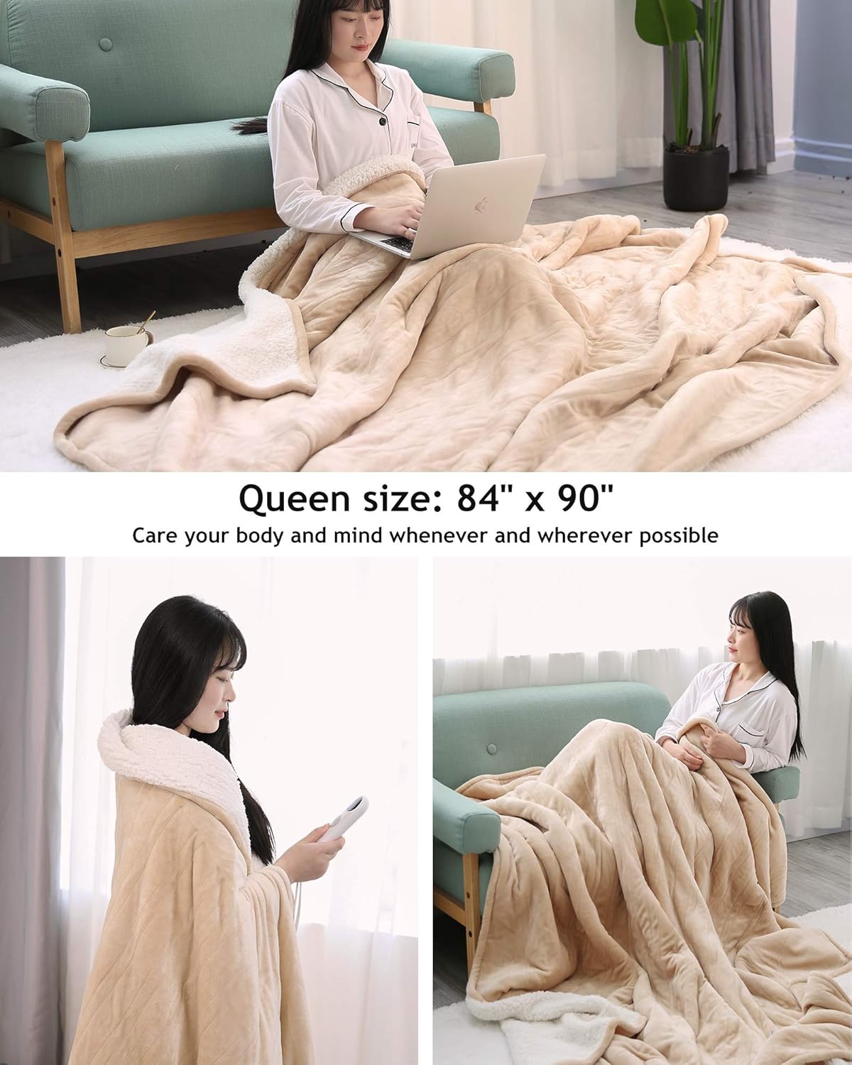 Electric Heated Blanket Queen Size 84" x 90", Heated Throw Flannel with 2 Separate Controllers, 6 Heating Levels & 8 Timing Sets-Auto Off, Home Use, Machine Washable - Beige: Kitchen & Dining