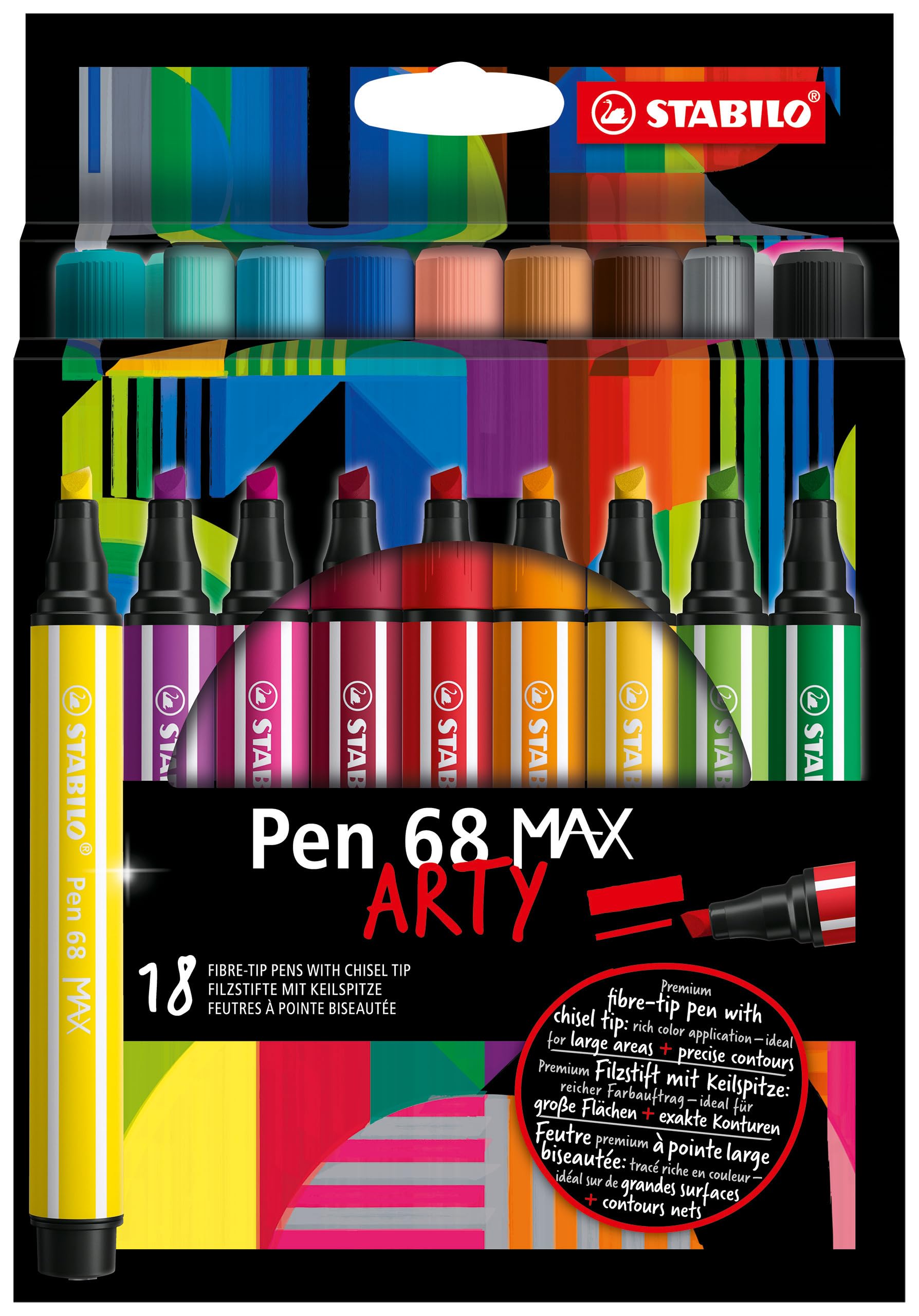 STABILO Pen 68 MAX - Premium Fibre-Tip Pen with Chisel Tip - ARTY - Pack of 18 - Assorted Colours