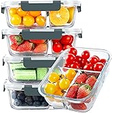 KOMUEE Glass Meal Prep Containers 3 Compartments, 5 Pack 36 oz, Glass Food Storage Containers with Lids, Airtight Lunch Bento Box, Portion Control, Freezer and Microwave Safe