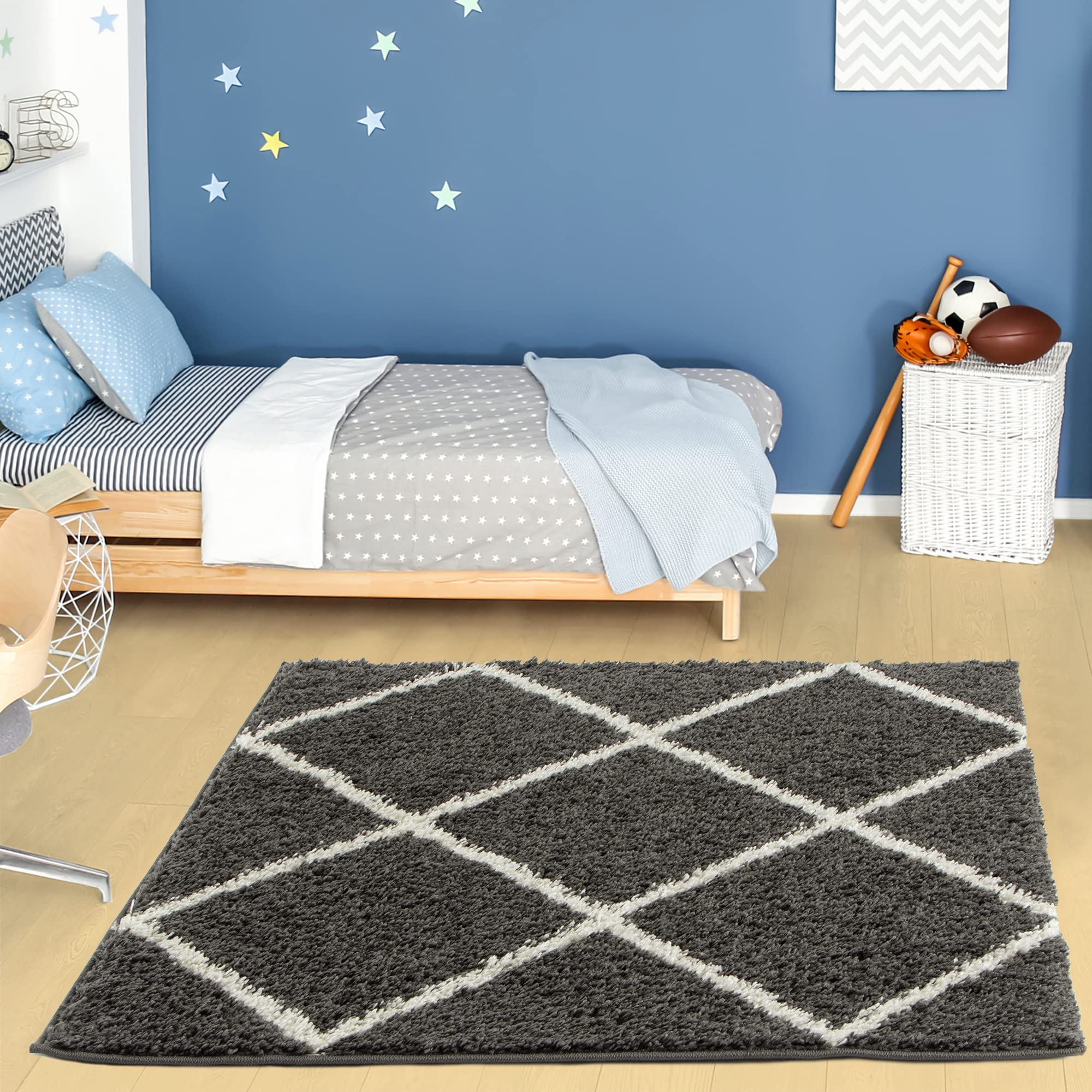 THE RUGS Shaggy Rug – Modern Moroccan Design Rugs for Living Room, Bedroom, Hallway, 3 cm Thick Area Rugs, (Diamond Dark Grey/Ivory, 120cm Square) — image 1