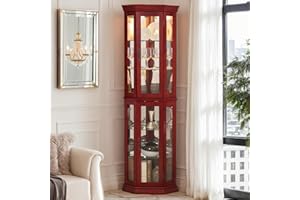 CKEASEAN Corner Curio Cabinet with Light Bulb, Tempered Glass Doors, Floor Standing Glass Display Cage with 6 Tempered Adjustable Glass Shelves, Wine Cabinet Storage Rack for Bar and Liquor Storage