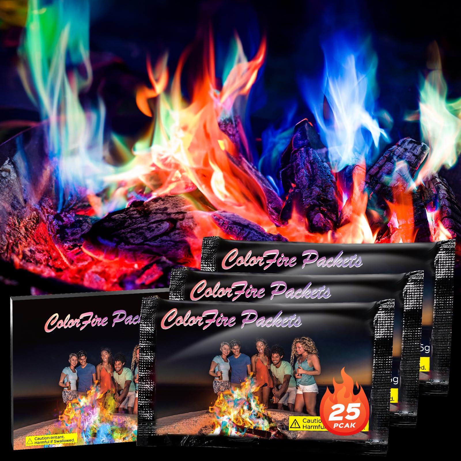 Photo 1 of 25 Pack Colorful Flames Color Fire Packets Fire Pit for Campfire,Fire Color Packets Camping Accessories for Kids & Adults,Outdoor Fire Changing Cosmic Flame Powder. (25 Packets)
