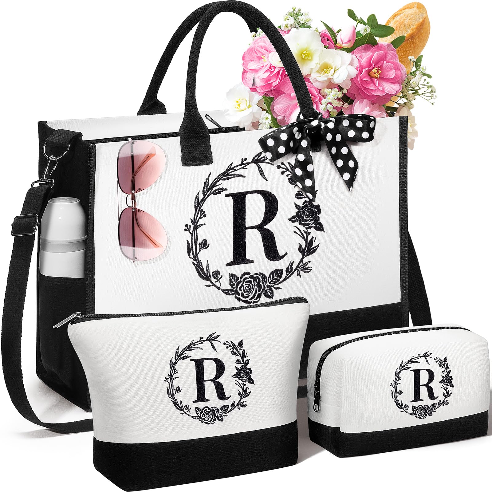Photo 1 of Personalized Mothers Day Gifts for Women, Initial Canvas Tote Bag & Makeup Bag Monogrammed Beach Tote Bag for Women w/Zipper, Birthday Gifts for Women Mom Her Girlfriend Wife Sister Friend Daughter
