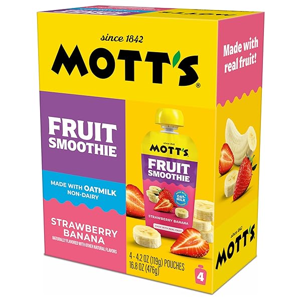 MOTT’S FRUIT SMOOTHIES STRAWBERRY BANANA, 4.2 OZ CLEAR POUCHES, 4 PACK, NON-DAIRY, MADE WITH OATMILK, MADE WITH REAL FRUIT, GOOD SOURCE OF CALCIUM, ON-THE-GO